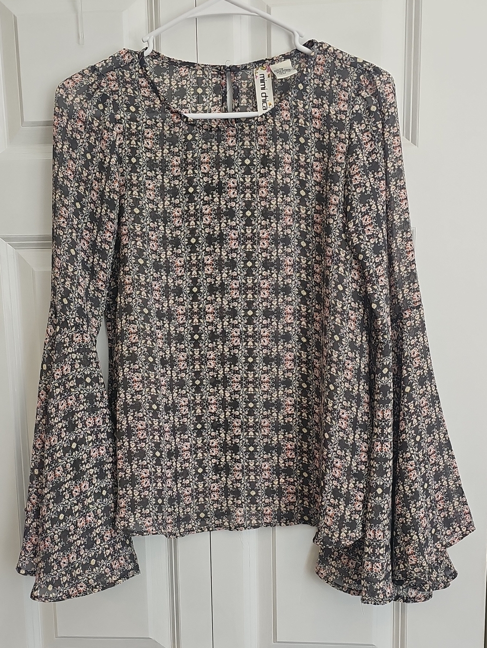 Mimi Chica Charcoal Blouse with Pink Floral Print